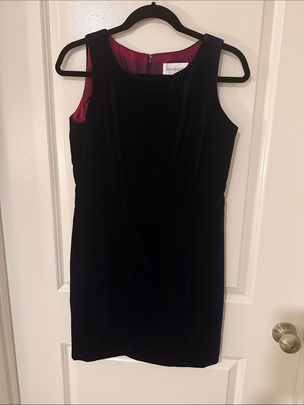 Hugo Buscati Navy Velvet Sheath Dress with Magenta Lining